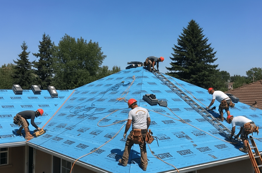 New roof being installed on a suburban house.